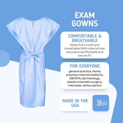 Disposable Medical Exam Gowns - Made in the USA - 50 pcs