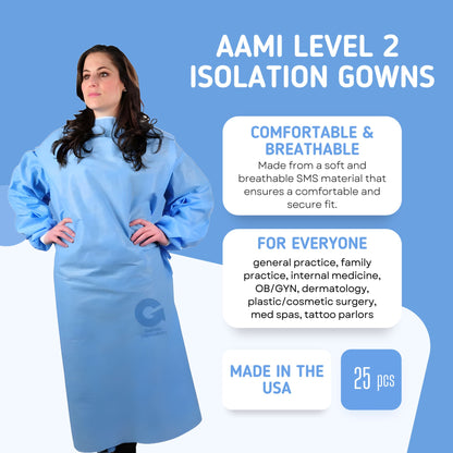 AAMI Level 2 Isolation Gowns - 25 Pack - Fluid - Resistant, Full Protection Gowns for Medical Professionals - Durable, Breathable, Single - Use - DisposableGowns.com